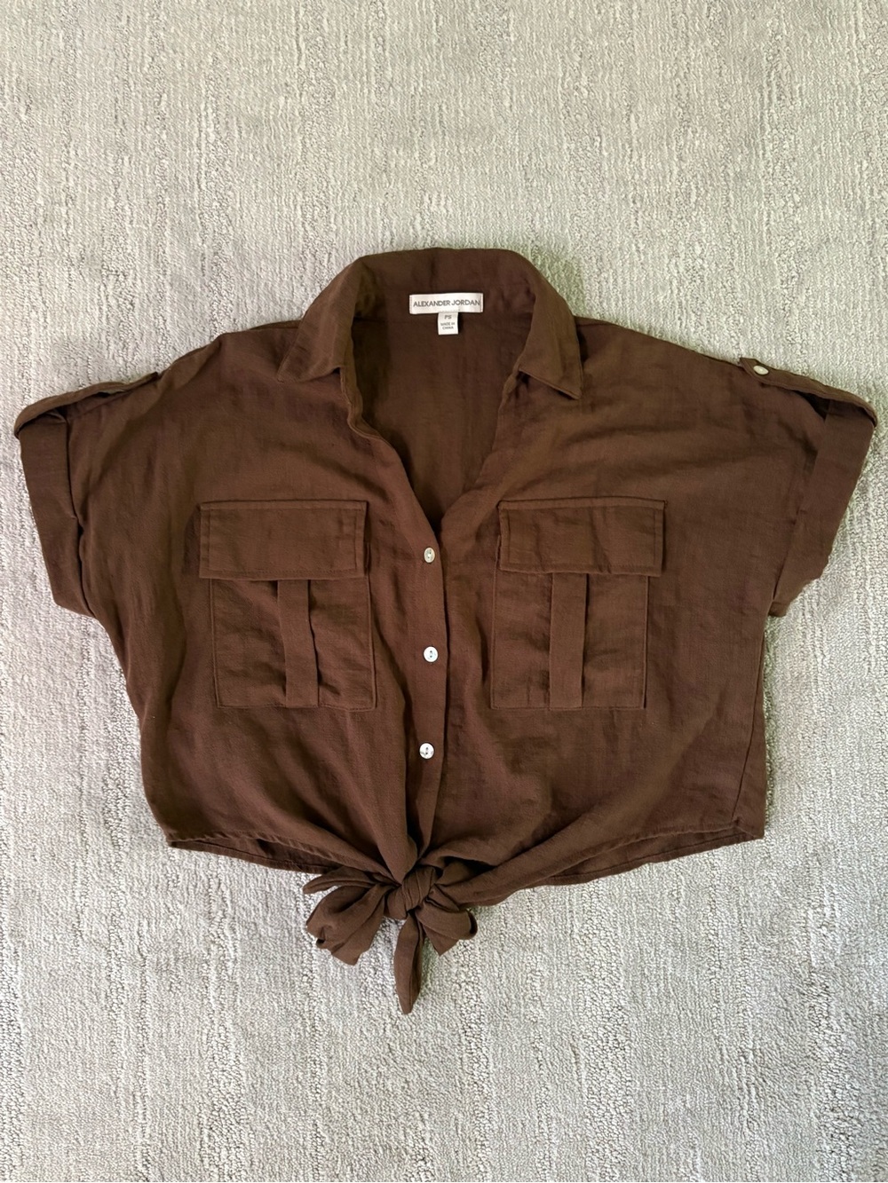 Alexander Jordan Brown Tie Front Crop Utility Shirt Petite PS Cargo Pocket Boho
